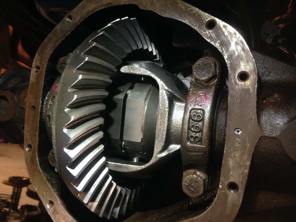 Close-up of differential gears and housing with part number '366' visible