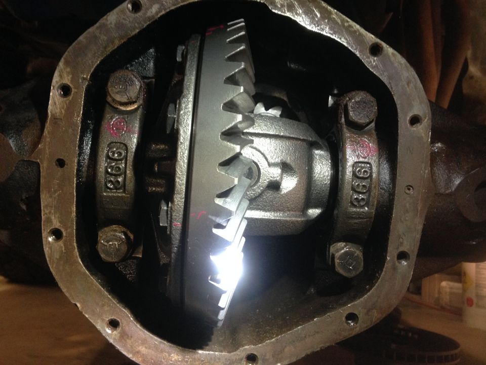 close-up of differential gears with "366" stamped on bearing caps