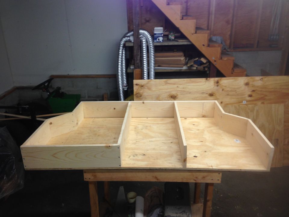 Wooden storage box with three compartments, unfinished plywood construction