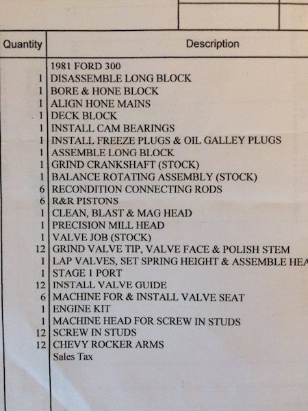 1981 Ford Bronco - This document details the parts and labor for rebuilding a 1981 Ford 300 engine, including various machining and assembly steps.