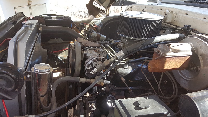 Engine bay of a vehicle with chrome air cleaner, brake booster and radiator