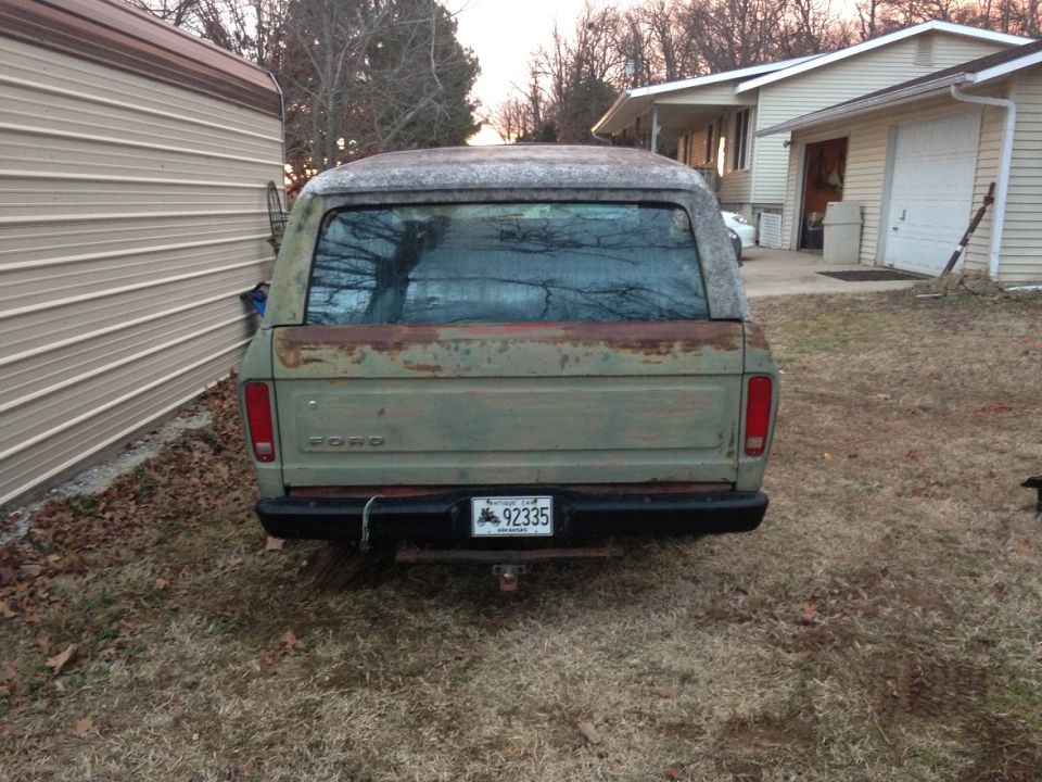 Rear view of a 1978 Ford Bronco with a license plate reading 92335