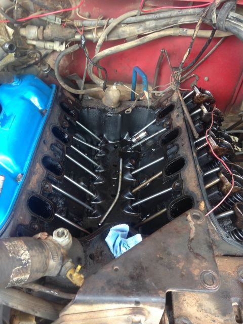 1978 Ford Bronco - Close-up view of an engine's internal components after the intake manifold has been removed.