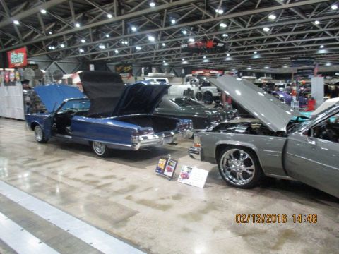 2004 Ford Crown Victoria - Two classic cars are displayed indoors with their hoods open.