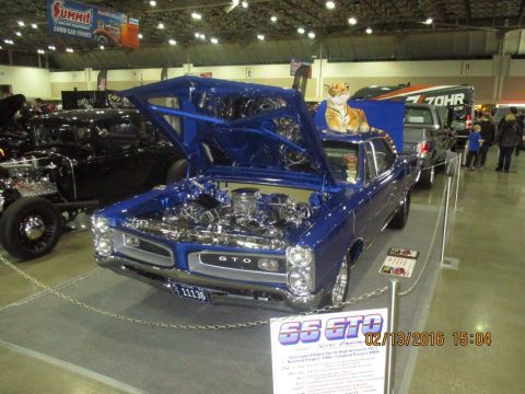 2004 Ford Crown Victoria - A blue 1966 Pontiac GTO is displayed with its hood open, a tiger on the roof at an indoor car show.