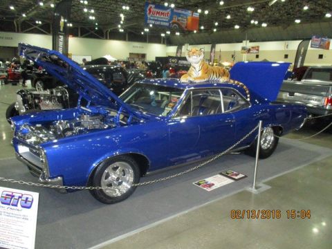 2004 Ford Crown Victoria - A blue 1967 Pontiac GTO coupe is displayed with its hood and trunk open, a plush tiger resting on its roof.