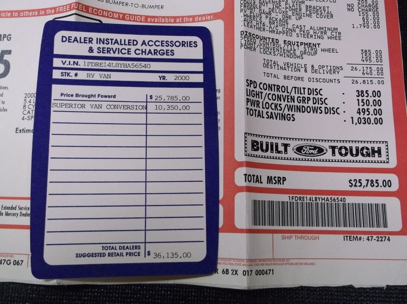 Window sticker for 2000 Ford E150 showing VIN 1FDRE14L8YHA56540 and pricing
