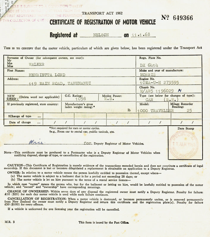 Certificate of registration for a 1000 Traveller