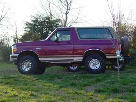 1995 Ford Bronco - Side view of a purple 1995 Ford Bronco SUV with tan trim and a spare tire on the back.
