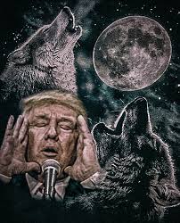 1995 Mercury Grand Marquis - Political artwork Donald Trump, wolves, and the moon with 'SUPER MOTORS' branding.
