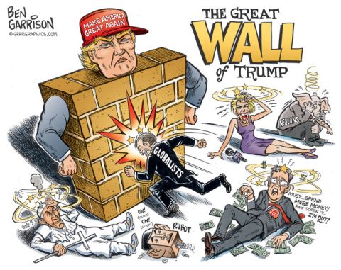 1995 Mercury Grand Marquis - A political cartoon titled 'The Great Wall of Trump' shows various figures being repelled by a brick wall representing Donald Trump.