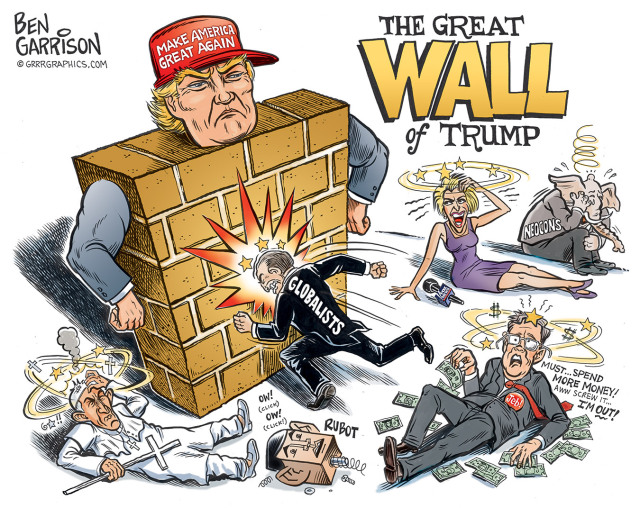 Political cartoon depicting Donald Trump as a wall, blocking 'globalists'
