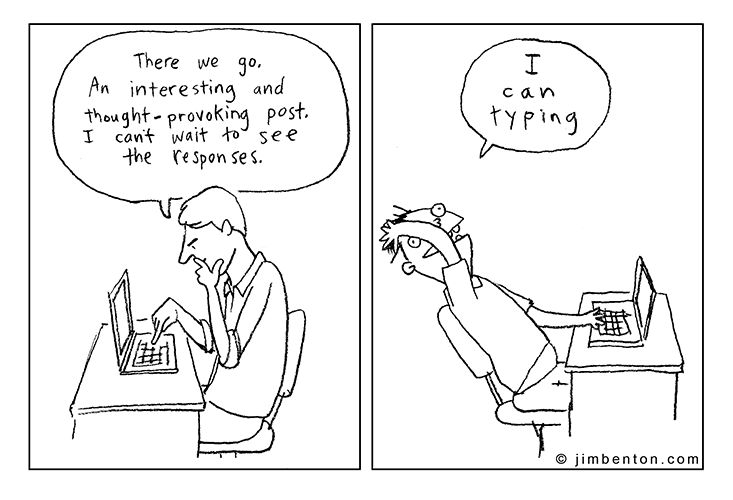 Comic strip with two panels showing a person thinking and speaking