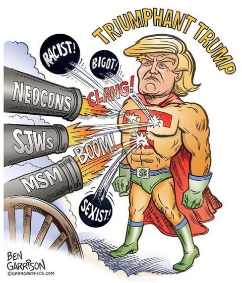 1995 Mercury Grand Marquis - A political cartoon depicts Donald Trump as a superhero named "Triumphant Trump" enduring attacks from various groups.