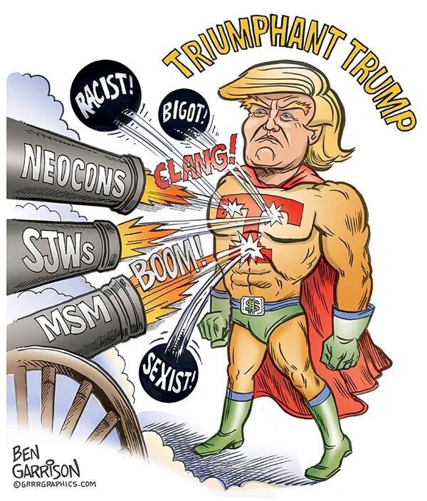 Cartoon of Trump as a superhero facing cannons labeled Neocons, SJWs, and MSM