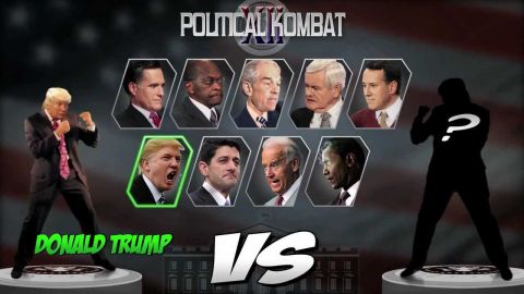 1995 Mercury Grand Marquis - A graphic depicting a fighting game with politicians as characters, including Donald Trump and a silhouette with a question mark.