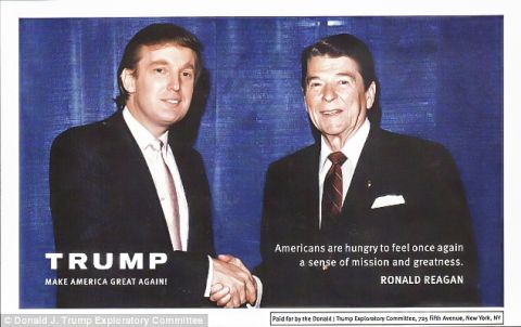 1995 Mercury Grand Marquis - Donald Trump and Ronald Reagan are pictured together. Text reads 'TRUMP MAKE AMERICA GREAT AGAIN!' and a quote from Ronald Reagan.
