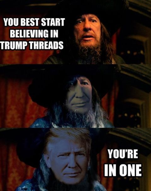 1995 Mercury Grand Marquis - A three-panel meme features a character from Pirates of the Caribbean with the face of Donald Trump superimposed onto it. The text reads, "…
