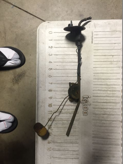 1982 Ford Bronco - A fuel sending unit is shown resting on a white Igloo cooler with measurement markings. The part appears to be from a vehicle, with a float…