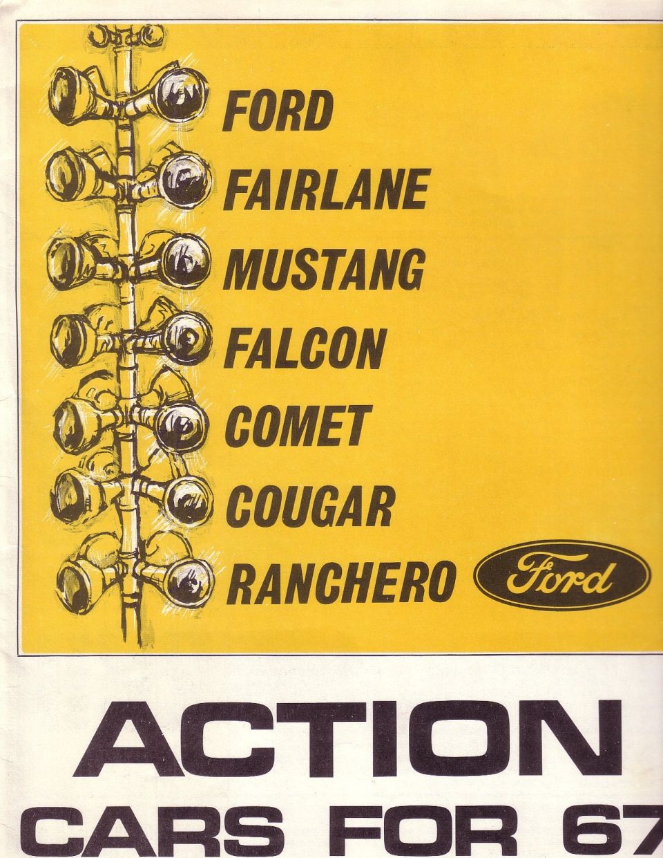 Ford Action Cars for '67 brochure cover listing Ford, Fairlane, Mustang, Falcon, Comet, Cougar and Ranchero