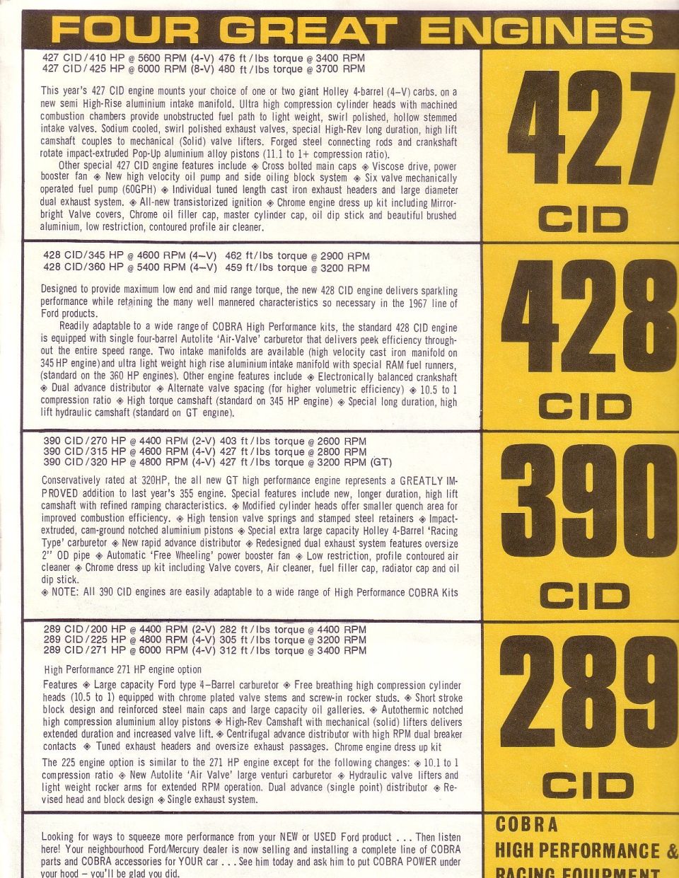 Document detailing Ford engine options: 427, 428, 390, 289 CID, and COBRA performance parts.