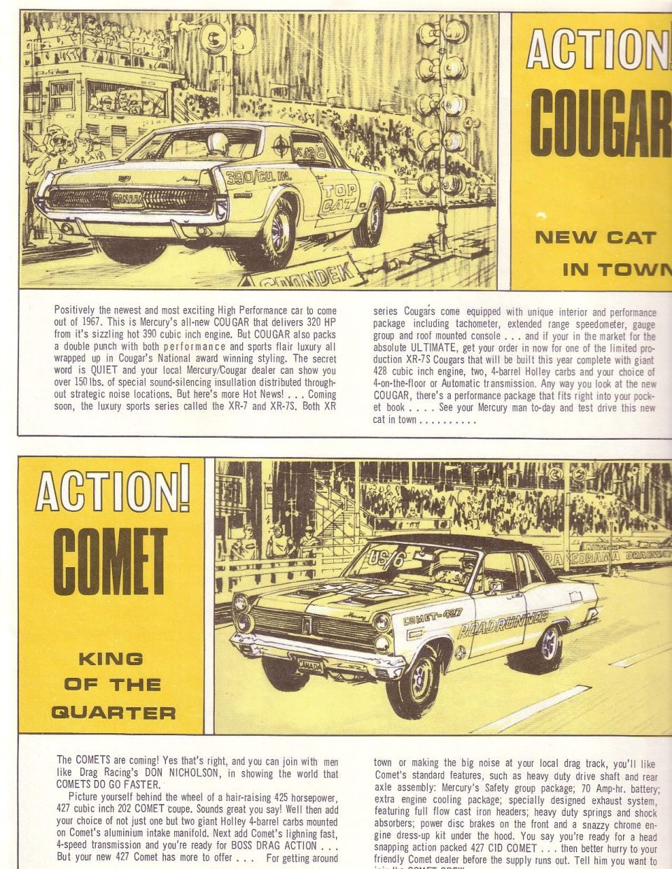 Yellow 1967 Mercury Cougar XR-7 with racing background and text.