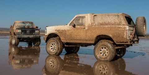 1979 Ford Bronco - Two mud-covered off-road vehicles, a Ford Bronco and a Ford pickup truck, are parked in shallow water on a beach under a clear blue sky.