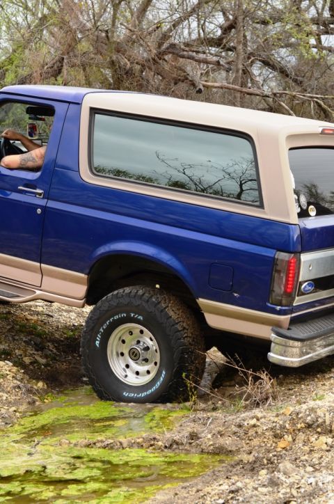 1996 Ford Bronco - This blue Ford Bronco with a tan top is navigating an off-road trail.