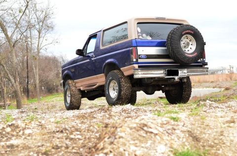 1996 Ford Bronco - This 1996 Ford Bronco is shown from the rear, its signature spare tire mounted on the tailgate.
