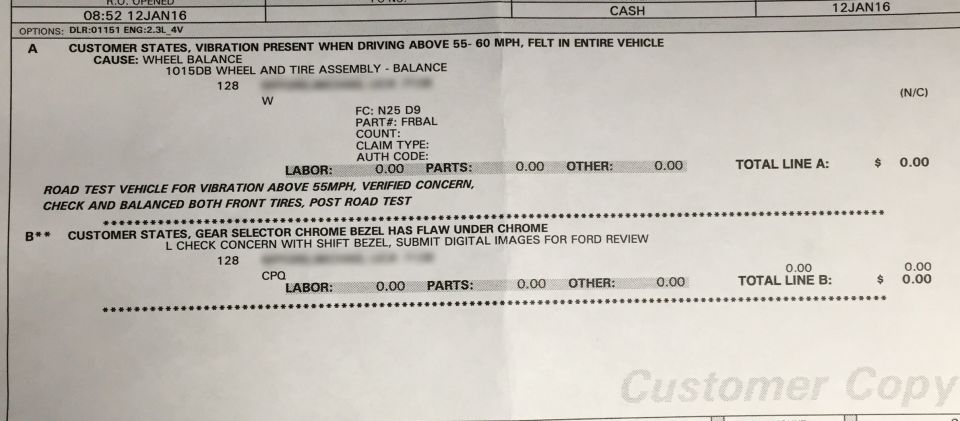 Repair document detailing wheel balance and gear selector bezel issues