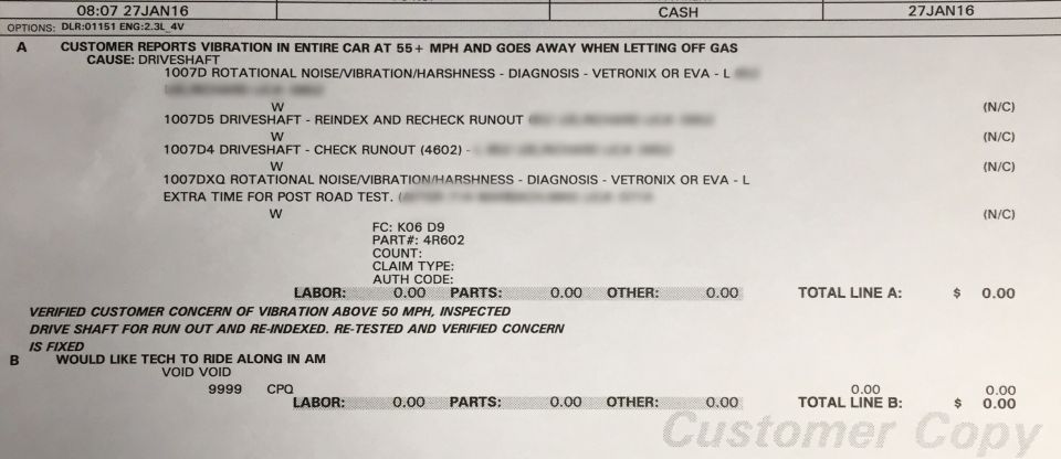 Repair invoice detailing driveshaft issues and diagnosis for a vehicle