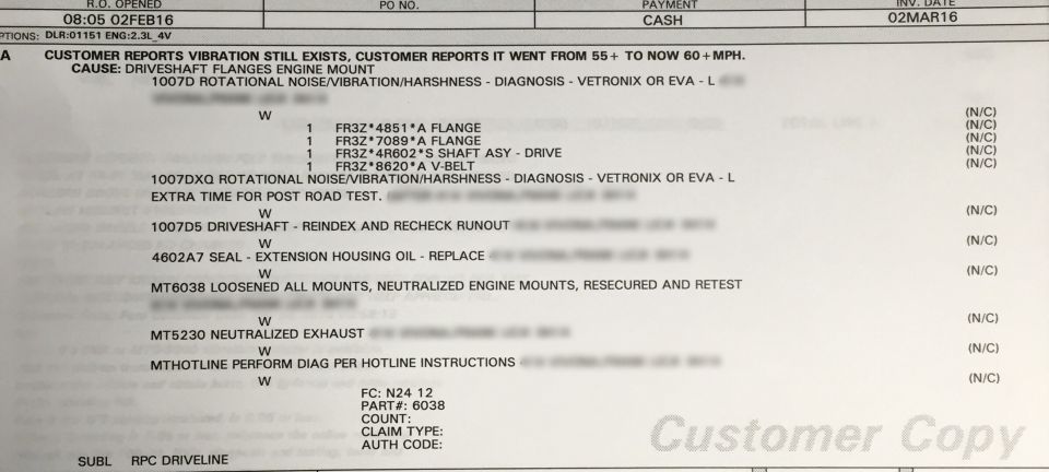Repair order document detailing driveshaft vibration diagnosis and parts, marked Customer Copy.