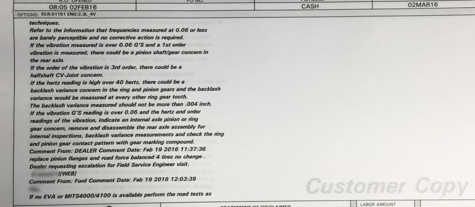 Printed Ford dealership repair order with vibration diagnostic notes and dealer comments, marked Customer Copy