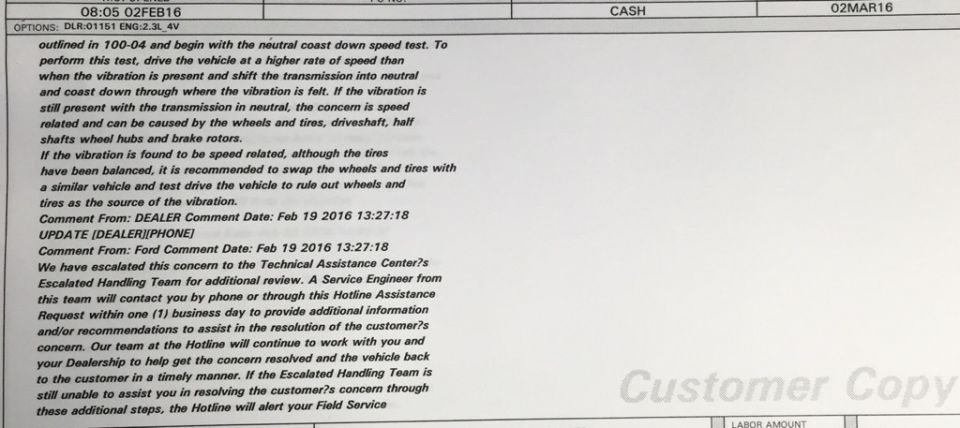 Ford dealer service document about vibration diagnosis and escalation to Technical Assistance Center, marked Customer Copy
