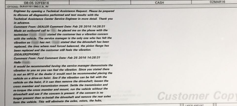 Ford dealer service document with comments about diagnosing a vehicle vibration, driveshaft and tire balancing notes