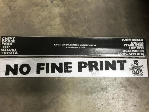 1996 Ford Bronco - Boxes for BDS Suspension parts, including lift kits and shocks, are displayed with branding and product information.