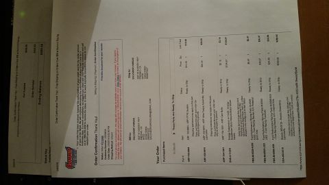 1995 Ford Mustang - This is a close-up of a Summit Racing order confirmation document. The document details parts purchased for a Ford Mustang, including part…