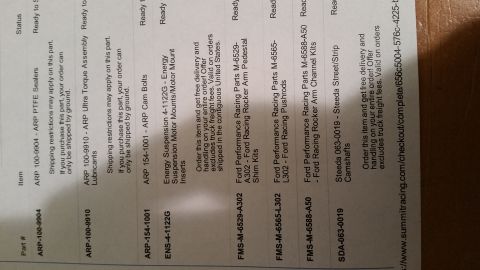 1995 Ford Mustang - A document listing automotive parts and their descriptions, including part numbers and status. The document appears to be an order or inven…