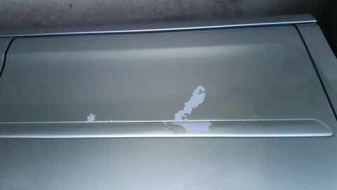 1995 Ford Mustang - The image shows a close-up of a silver car's body panel, likely a hood or trunk lid, with peeling paint revealing a lighter undercoat. A ho…
