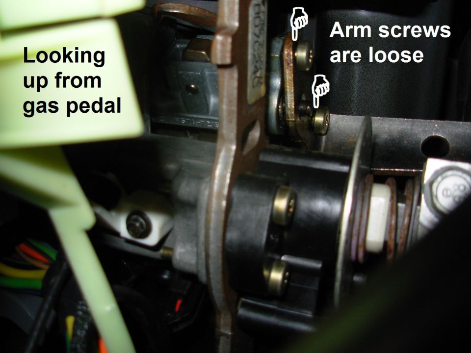 Under-dash view of shift/column mechanism with annotations marking loose arm screws