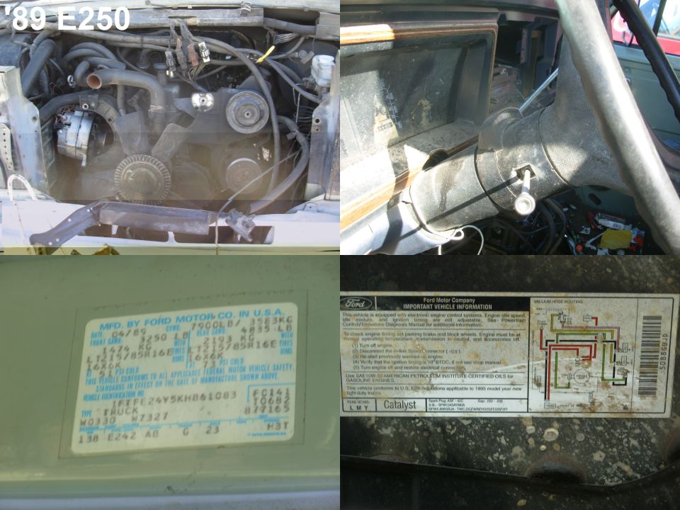 1989 Ford E250 engine bay and dashboard details, including VIN and emissions stickers