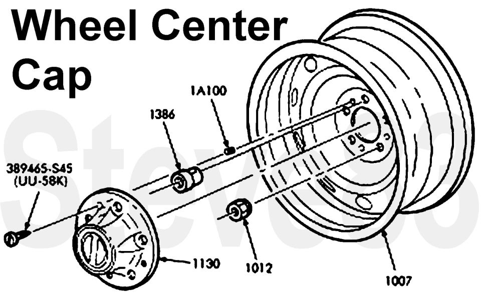 Line diagram of steel wheel and center cap assembly with part numbers 1130, 1012, 1386