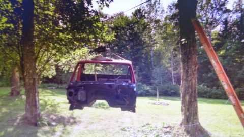 1985 Ford Bronco - The red cab of a disassembled vehicle is suspended by a cable between two trees. An orange ladder leans against one of the trees in the bac…