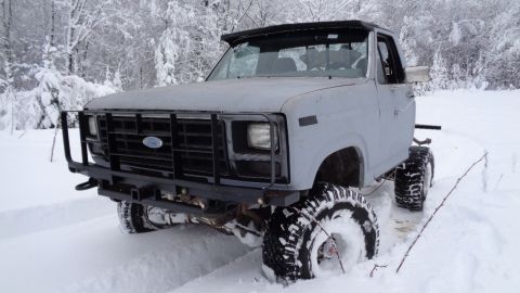 1985 Ford Bronco - A light gray, two-door pickup truck with large off-road tires is parked in deep snow with trees in the background. The truck has a black gr…