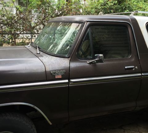 1978 Ford Bronco - The side view of a brown 1978 Ford Bronco XLT shows the driver's side door, window, and fender. The vehicle has chrome trim and a "BRONCO R…