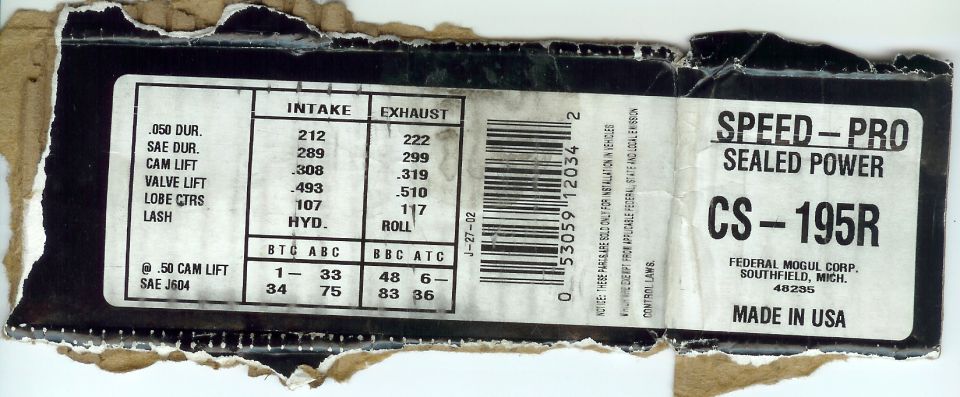 Torn Speed-Pro Sealed Power camshaft box end CS-195R listing cam timing and lift specs