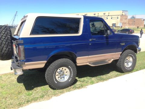 1996 Ford Bronco - This Ford Bronco is parked outside on a sunny day, showing its two-tone paint and spare tire.