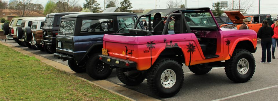 Pink and orange Ford Bronco with palm tree graphics, parked in a line with other SUVs