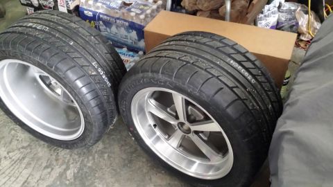 1976 Ford Ranchero - Two aftermarket wheels with performance tires are shown, likely for a custom build or upgrade.