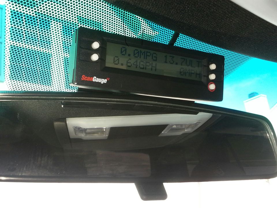 ScanGauge II mounted on a car windshield above the rearview mirror.